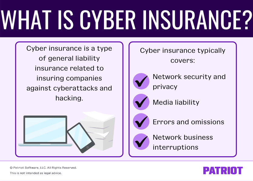 What is cyber insurance? Cyber insurance is a type of general liability insurance related to insuring companies again cyberattacks and hacking. Cyber insurance typically covers, network security and privacy, media liability, errors and omissions, and network business interruptions.