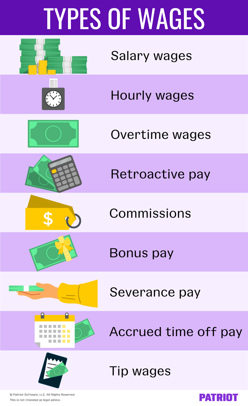 Types of wages: salary, hourly, overtime, retroactive, commissions, bonuses, severance, accrued time off, tip wages